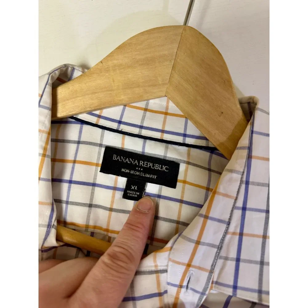 Banana Republic Classic Plaid Button-Down Dress Shirt White Blue Orange Check XL